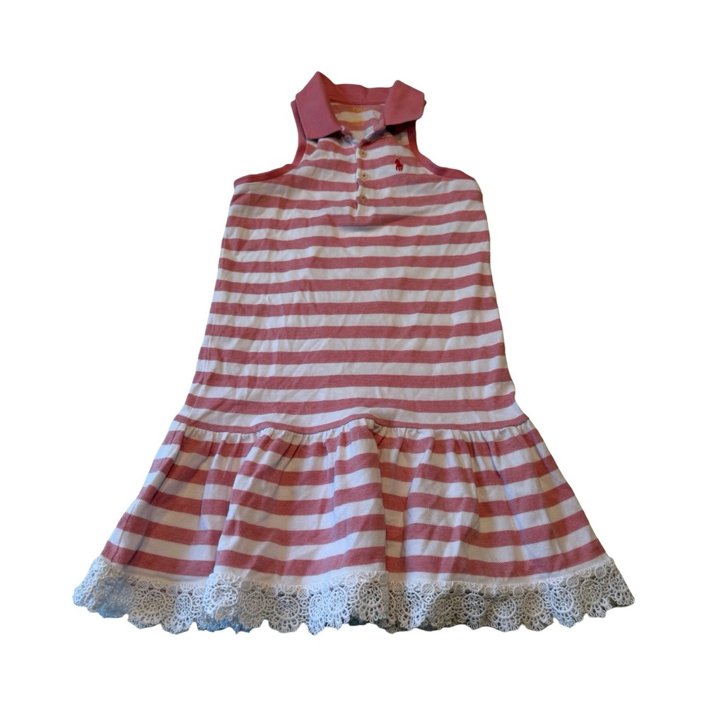 Polo Ralph Lauren Girls Pink White Striped Sleeveless Polo Dress Lace Hem 6X